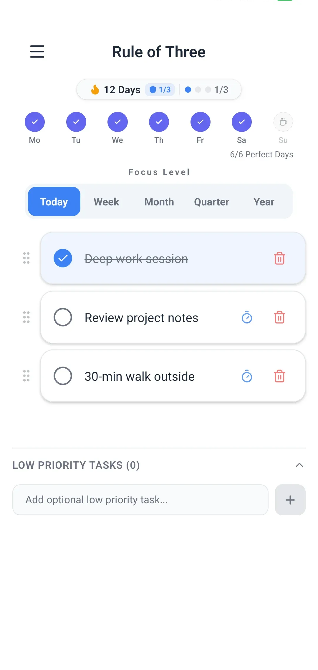 Rule of Three app interface showing 3 daily goals, focus level, and progress